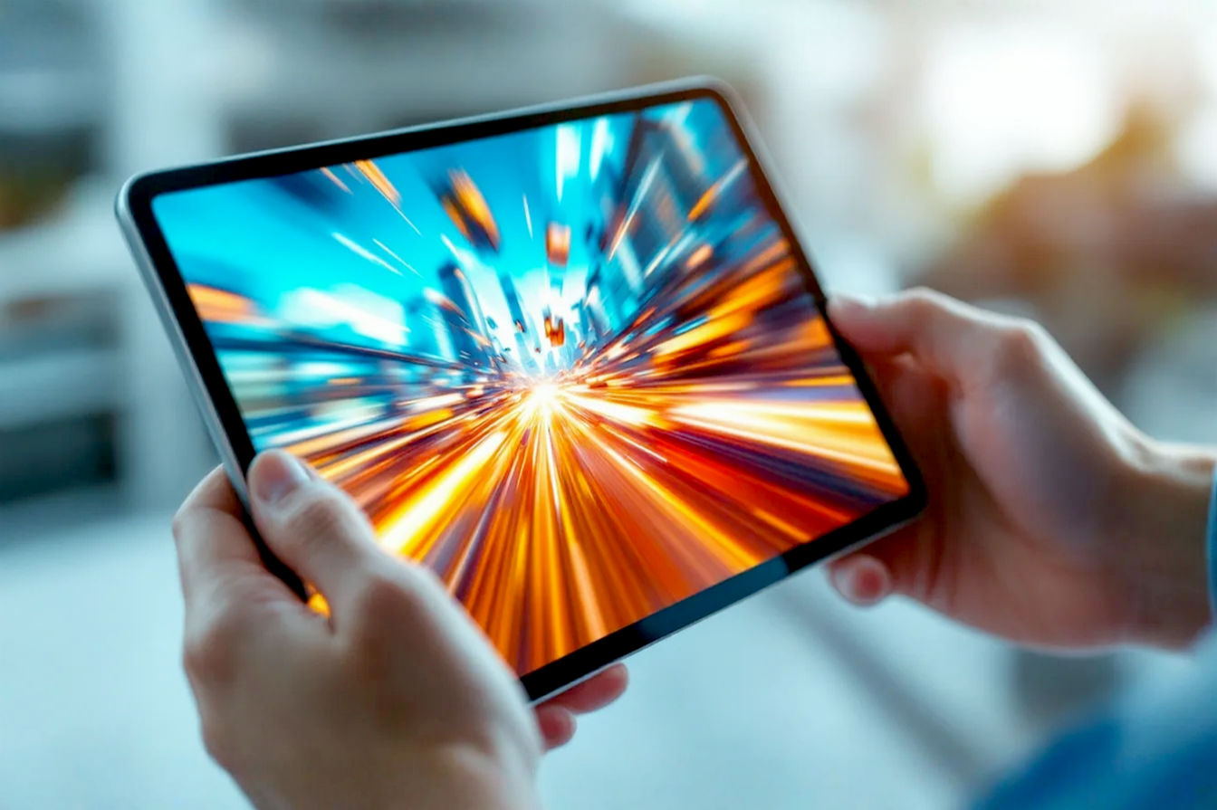 A close-up, professional photography shot of a tablet screen displaying a vibrant, fast-paced video game scene with motion clearly rendered. The image should emphasize the fluidity and detail of the on-screen action, perhaps with a subtle motion blur effect applied to the background to contrast the sharp foreground. The tablet itself should be sleek and modern, held in hands to suggest interaction. Lighting should be bright and even, highlighting the screen's quality.