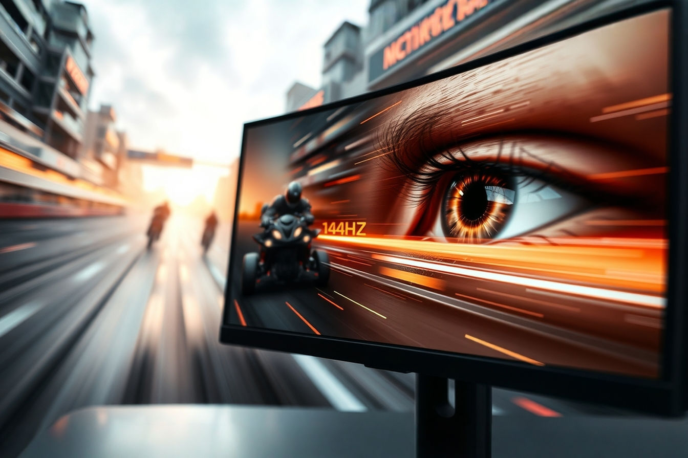 Professional photography style image showing a high-end gaming monitor displaying a fast-paced game scene with motion blur visibly reduced compared to a simulated split-screen showing the same scene on a standard monitor. The image should highlight the clarity and fluidity of the fast-moving elements on the 144Hz side.