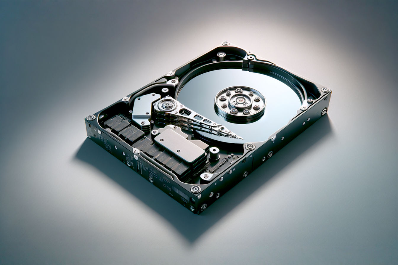 Professional studio photograph of a disassembled 3.5-inch hard drive, showing multiple platters stacked inside the enclosure, with a single read/write head arm positioned above them. The background is a clean, technical setting, possibly with a subtle schematic overlay related to data storage. The lighting is sharp, highlighting the intricate components.