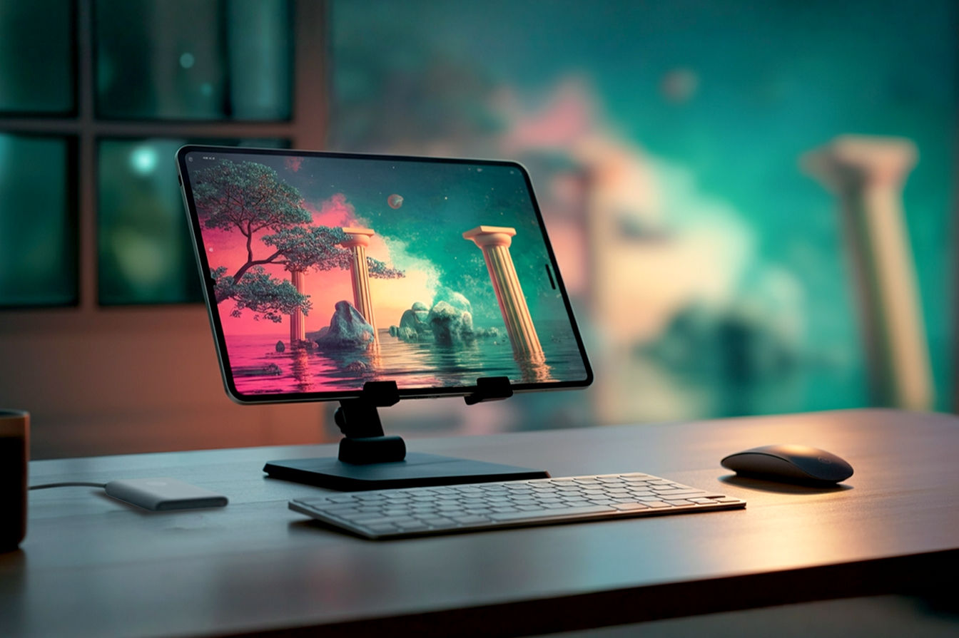 Professional photography style image showing a large 18-inch tablet on an adjustable stand on a modern desk. The screen displays a vibrant digital painting. Beside the tablet are a wireless keyboard, mouse, and a large power bank. The background is a slightly blurred, well-lit home office environment.