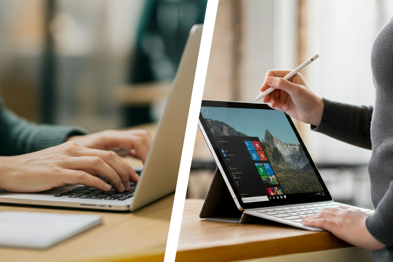 Professional photography style image showing a split screen or side-by-side comparison. On one side, a traditional silver laptop is open on a desk with a person typing. On the other side, a modern silver 2-in-1 PC is shown in tablet mode with a stylus, used by a person standing in a different, more casual setting (like a co-working space or cafe). The background is blurred office/home environments. The lighting is bright and natural.
