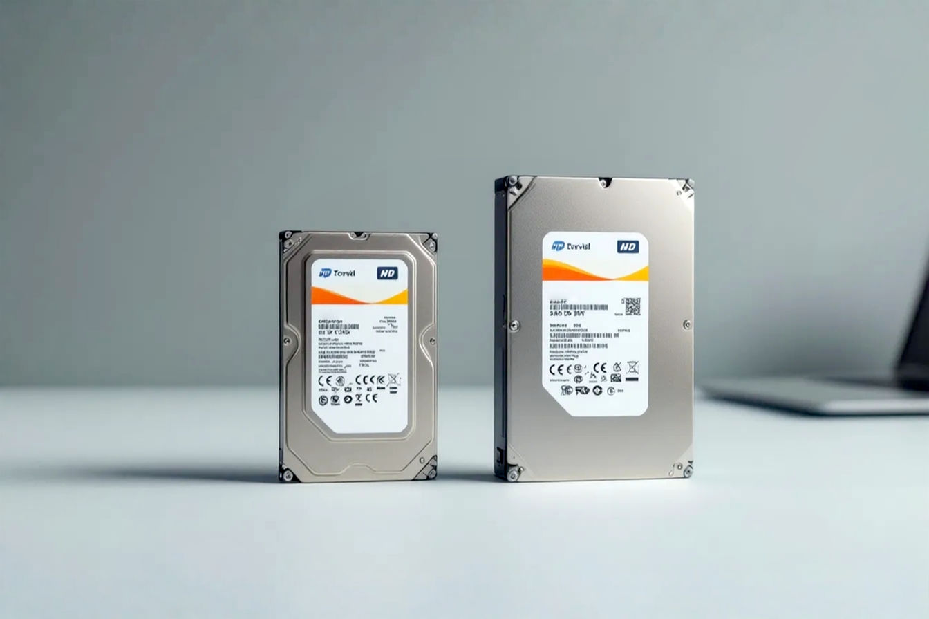 A side-by-side comparison photo of a smaller 2.5-inch hard drive next to a larger 3.5-inch hard drive on a neutral background, possibly with a laptop faintly visible in the background to provide context. Professional studio lighting