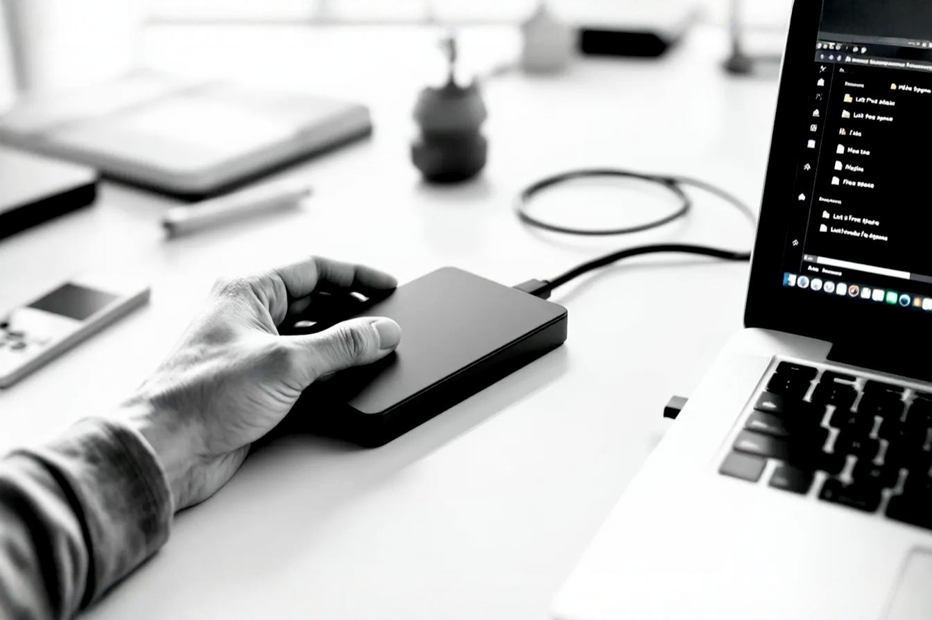 Professional, clean photography showing a hand connecting a sleek, modern portable external hard drive to a laptop. The laptop screen shows a file management window with lots of free space indicated. The background is a clean, minimalist desk setting, perhaps with a few scattered digital devices or cables, implying technology and organization. Lighting is soft and highlights the drive and connection.