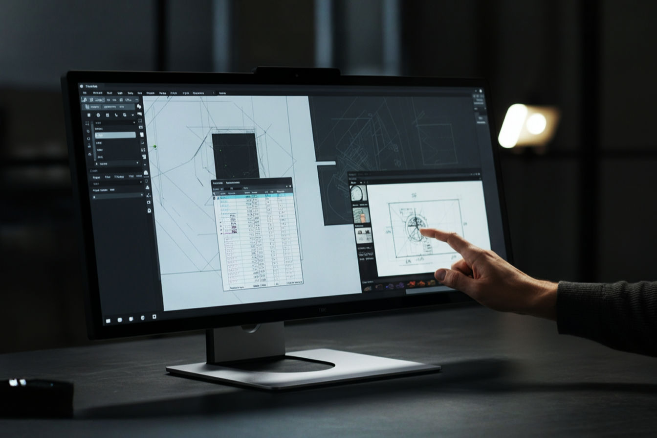 Professional photograph showing a person's hand interacting with a large 32-inch touch screen monitor displaying complex design software or a detailed spreadsheet, set in a modern, well-lit office environment. The image should highlight the scale and interactive nature of the display.
