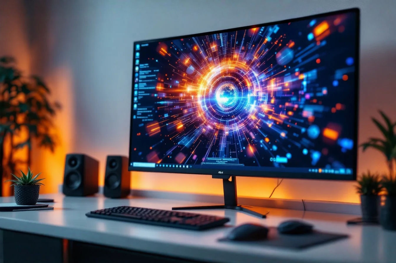 A professional, well-lit photograph showing a large 42-inch monitor on a modern desk setup. The screen displays a vibrant scene (could be a game or complex workspace), with a keyboard and mouse visible. The image should convey both the scale of the monitor and a clean, functional workspace.