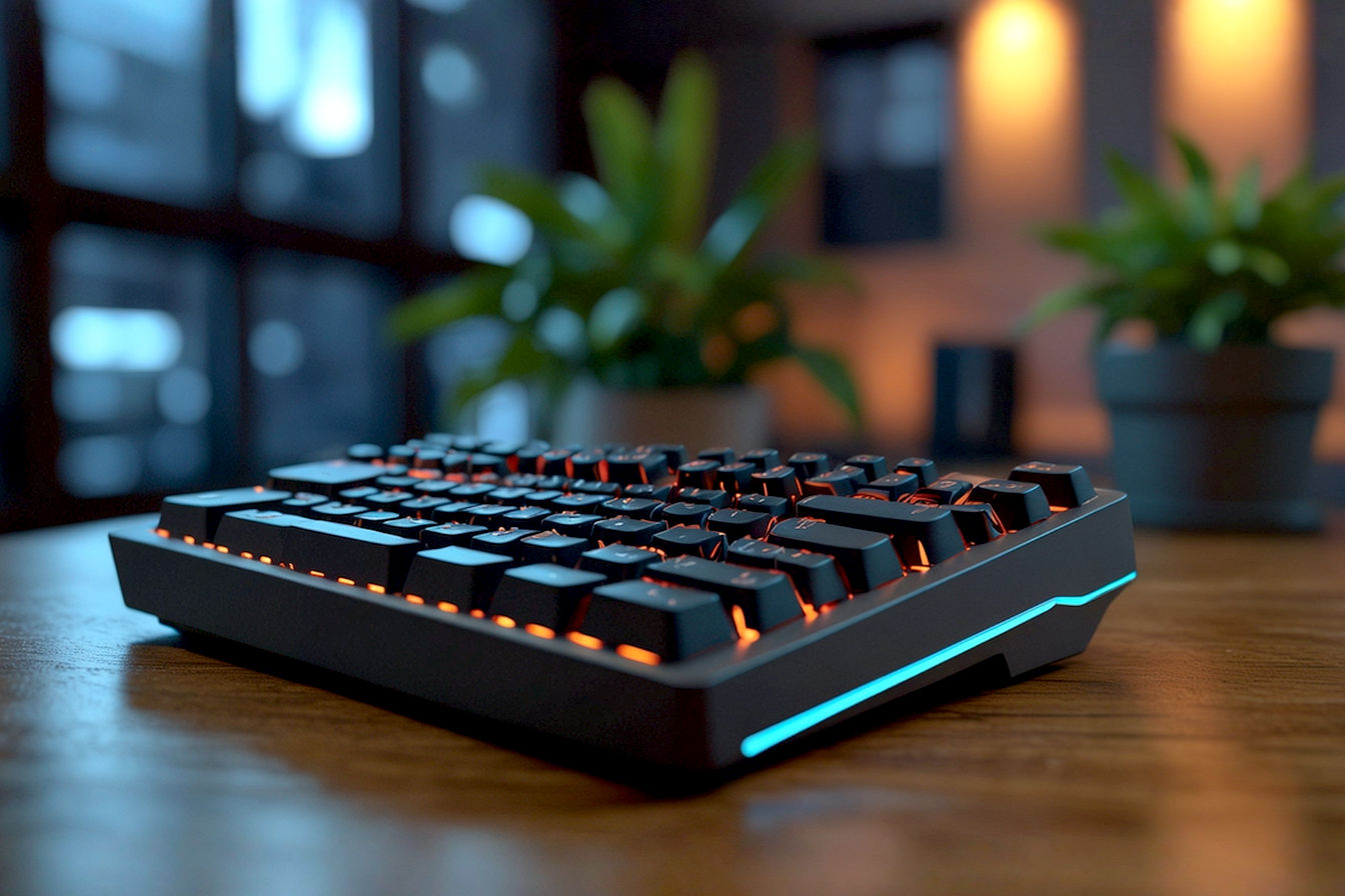 Professional, lifelike photo of a sleek, modern 75% mechanical keyboard with subtle white backlighting, angled on a clean, minimalist wooden desk. Include a blurred background showing a cozy, well-lit home office with a plant and a monitor. The keyboard should be the clear focus, highlighting its compact yet functional design. Capture a sense of sophisticated productivity. Dramatic, slightly warm lighting, shallow depth of field, high detail.