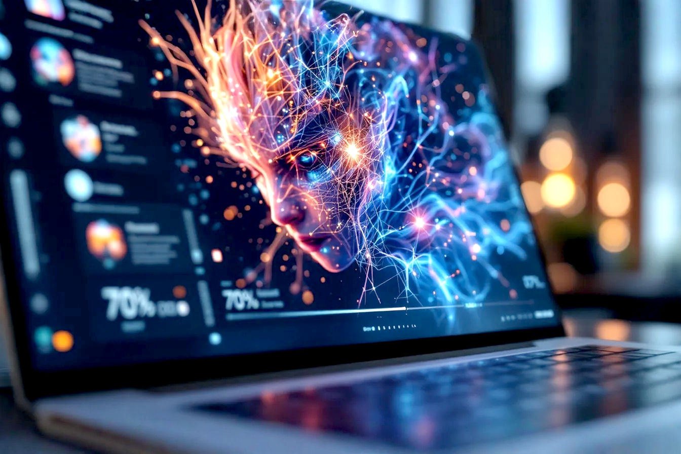 A close-up, slightly angled photorealistic shot of a sleek, futuristic AI photo maker software interface displayed on a high-resolution, bezel-less screen. The interface is actively generating a complex and visually stunning image of a hyper-detailed, fantastical humanoid head with vibrant, swirling colors.