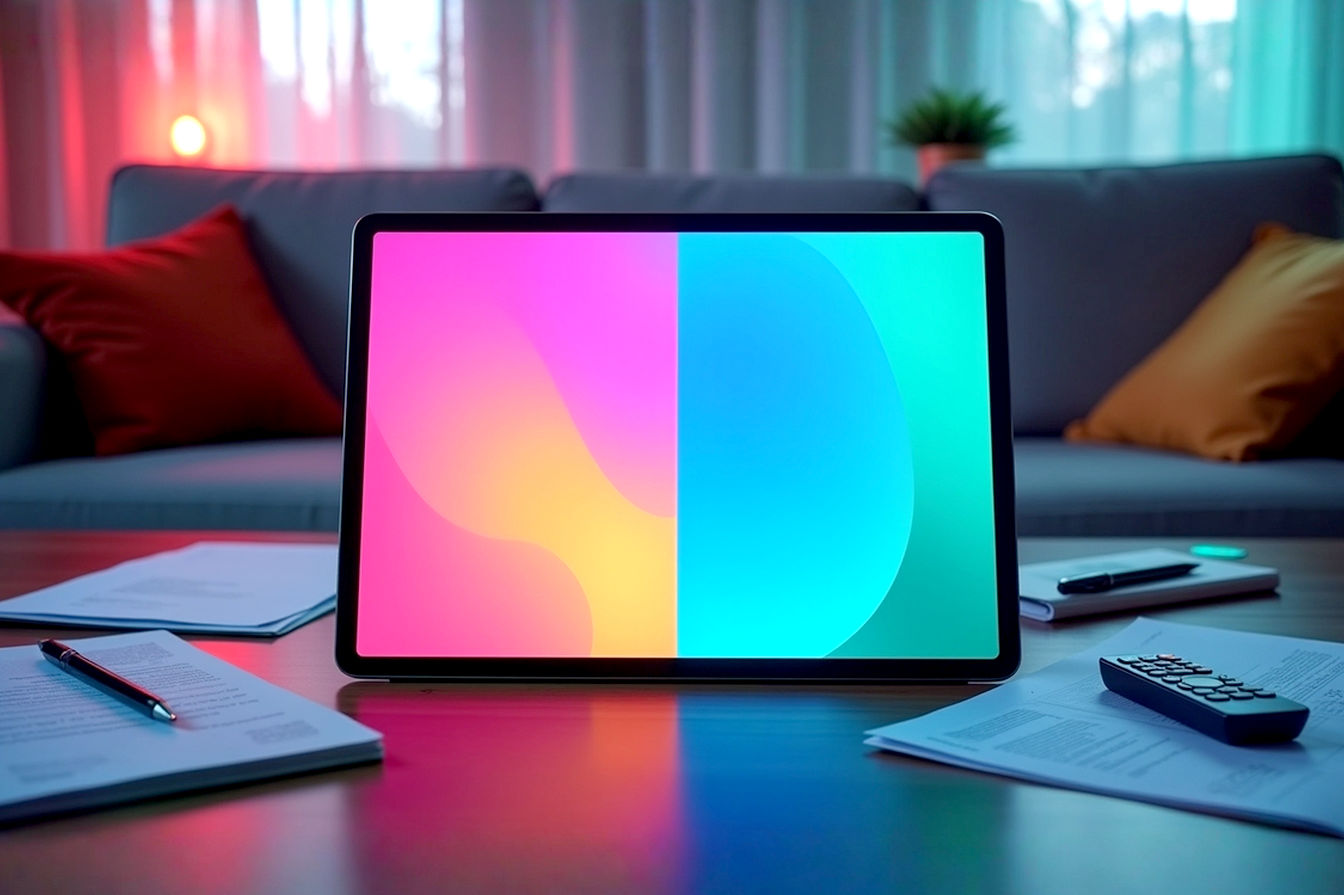 A split image showing a tablet screen displaying vibrant colors on one side (representing AMOLED) and the same image with slightly less contrast and brightness on the other side (representing LCD), set against a backdrop suggesting both work (documents, pens) and leisure (couch, remote). Professional photography style with soft lighting.