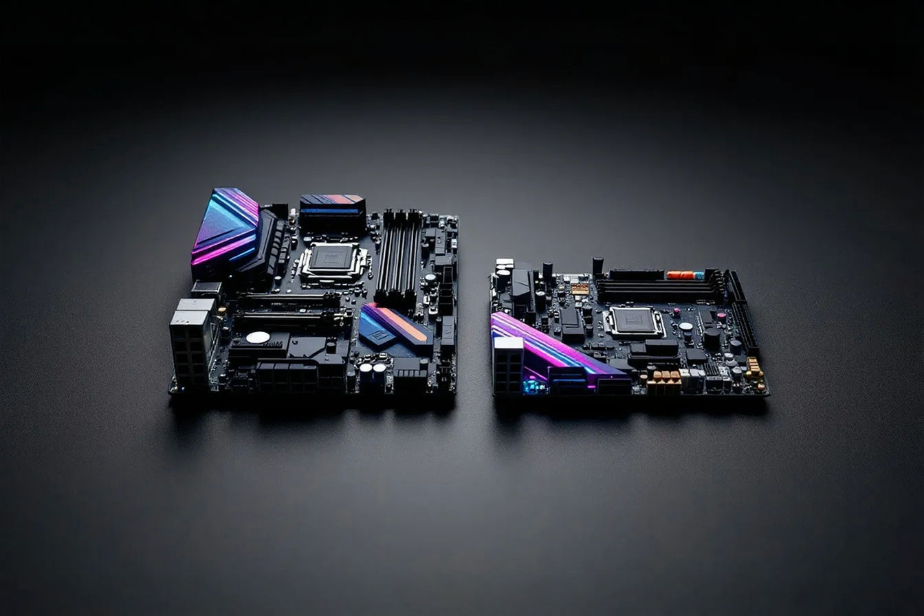 Professional studio product shot: A larger Extended ATX (E-ATX) motherboard and a standard ATX motherboard positioned side-by-side on a minimalist, dark, textured surface. The image should clearly highlight the size difference and intricate details of the circuitry. Soft, diffused studio lighting accentuates the premium quality of the components, conveying a high-end, modern tech aesthetic. Photorealistic, sharp focus.