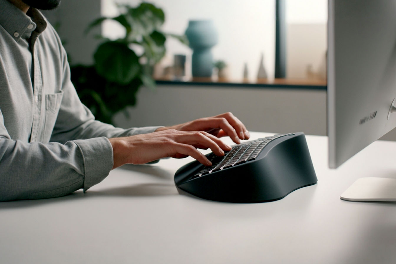 Professional, high-resolution photograph of a person typing comfortably in a modern, well-lit office environment. The shot is wide enough to show the person from the waist up, seated at a clean, minimalist desk. Their hands are resting naturally on a sleek, dark-colored ergonomic keyboard, with their wrists visibly straight and relaxed, demonstrating a healthy, neutral posture.