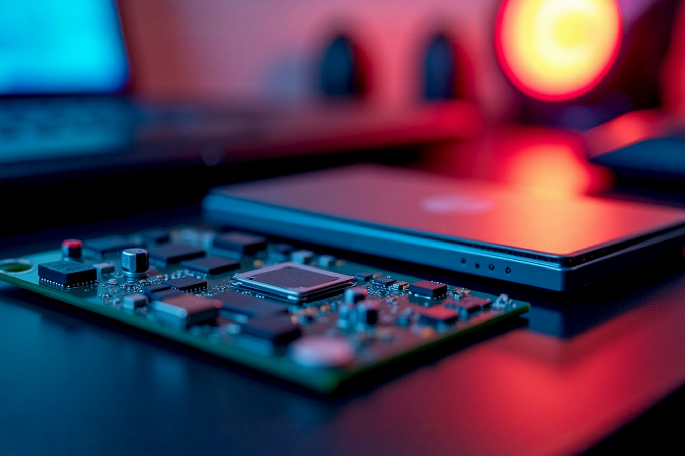 Professional, well-lit studio photography of a 2.5-inch solid state drive (SSD) on a desk with a computer motherboard nearby, with the focus sharp on the SSD and the motherboard slightly blurred in the background. The image should convey technology, upgrade, and compatibility.