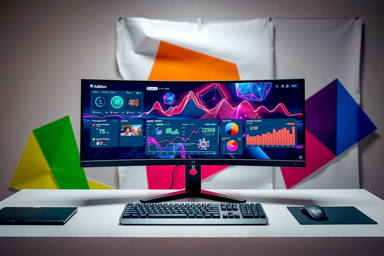 A professional, well-lit photograph of a modern desk setup featuring a large, perhaps slightly curved, ultrawide or 32-inch 4K monitor displaying vibrant content (like a complex data dashboard, a game scene, or creative software interface). The desk is clean and minimalist, with a high-end keyboard and mouse visible. The background is slightly blurred, suggesting a home office or creative workspace.
