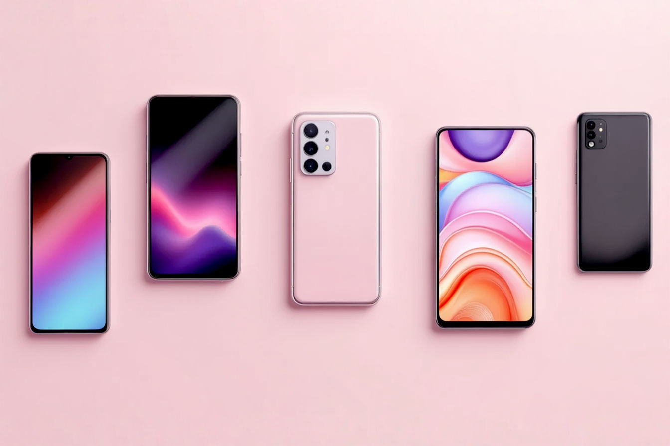 Professional studio photography of several diverse, modern budget smartphones from different brands arranged aesthetically on a clean, neutral background. The phones are shown from slight angles to highlight their designs, with one phone screen subtly illuminated to show a generic home screen. The lighting is soft and even, emphasizing the form factor and variety of the devices.