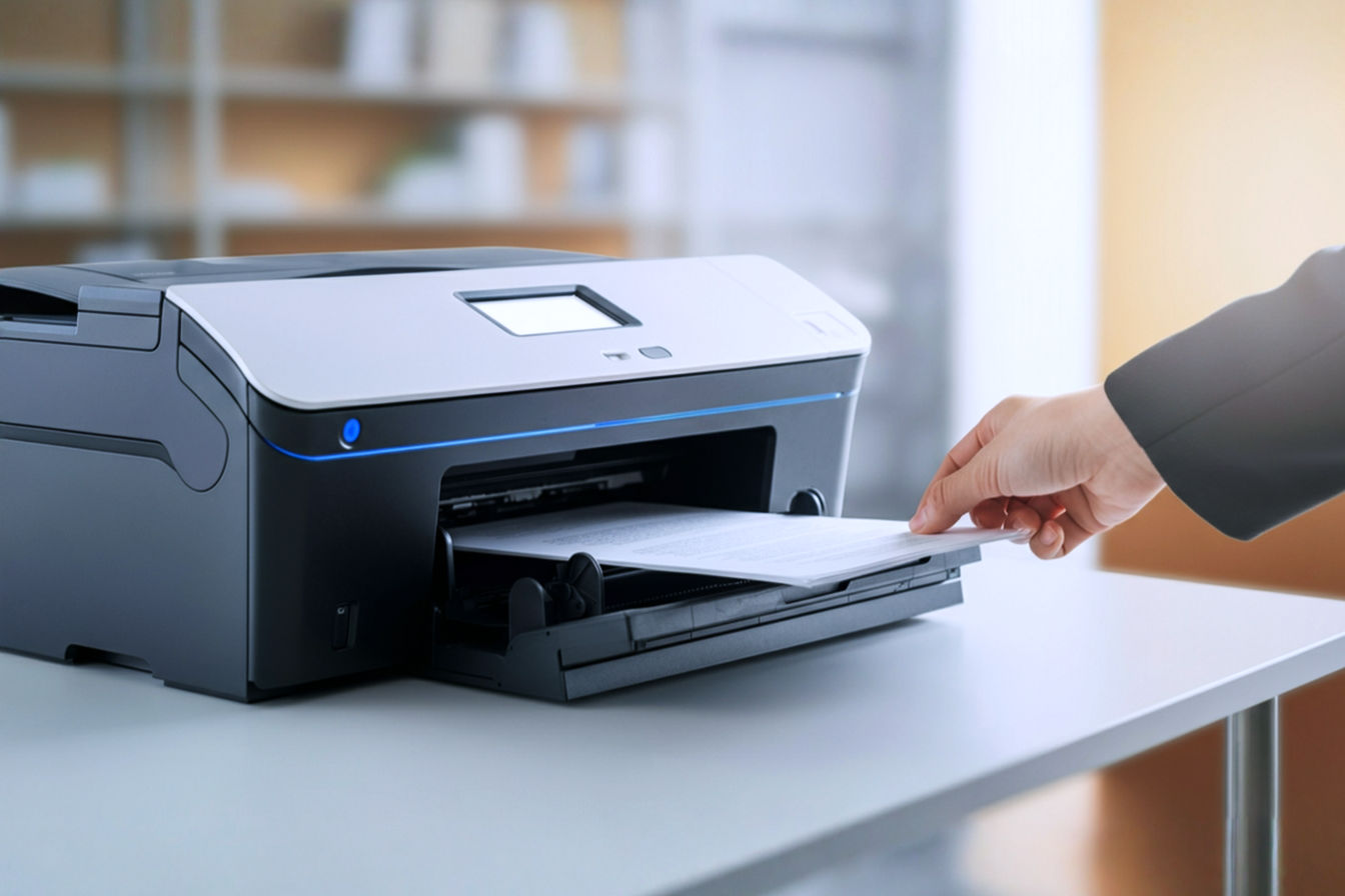 Professional, brightly lit modern office interior. A sleek, high-end sheet-fed document scanner is the central focus on a clean desk. A hand is visible, placing a small stack of papers into the scanner's automatic document feeder. The background shows a blurred but organized office environment, subtly conveying efficiency and order. The overall mood is positive, productive, and technologically advanced. Photorealistic style, sharp focus on the scanner, slightly shallow depth of field.