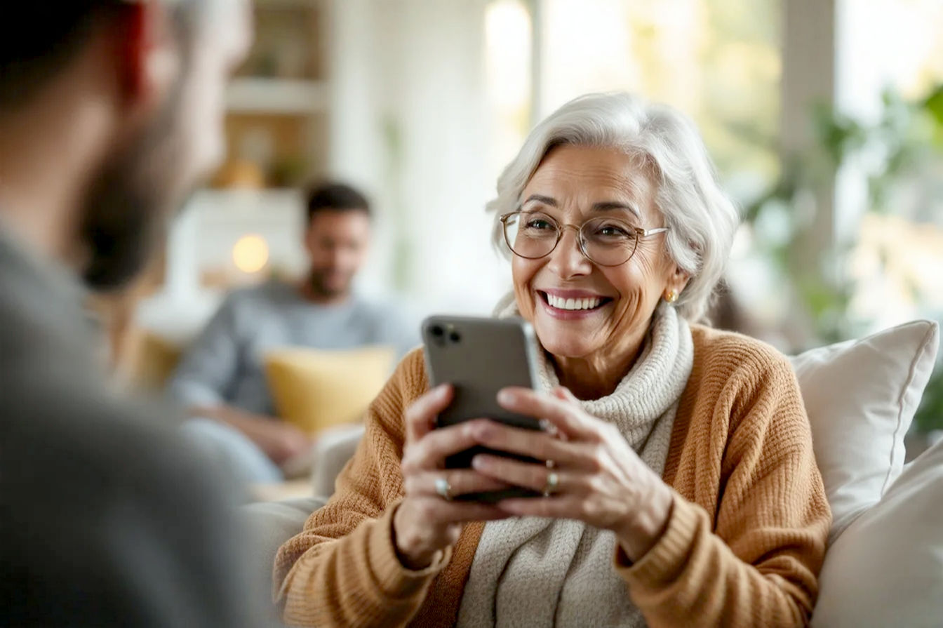 Professional, bright photograph showing a senior woman smiling while comfortably holding and looking at a smartphone with large icons displayed on the screen. Her hands are steady, and the phone is angled slightly towards the camera, showcasing the clear interface. The background is a softly blurred, warm home environment, suggesting comfort and ease.