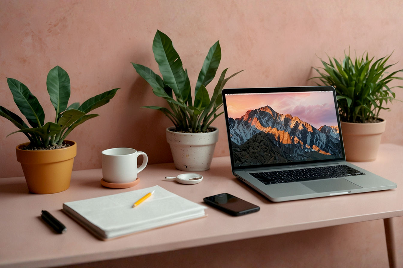 Dynamic flat lay composition of a modern, minimalist desk setup. Prominently features a laptop screen displaying a vibrant, professionally edited landscape photo. Surrounding the laptop are subtle hints of creative tools: a graphics tablet and stylus, a camera lens, and a few color swatches. The overall mood is clean, bright, and inspiring, with a slightly desaturated, professional photographic style. Focus on the crisp image on the laptop screen. Soft, natural side lighting.