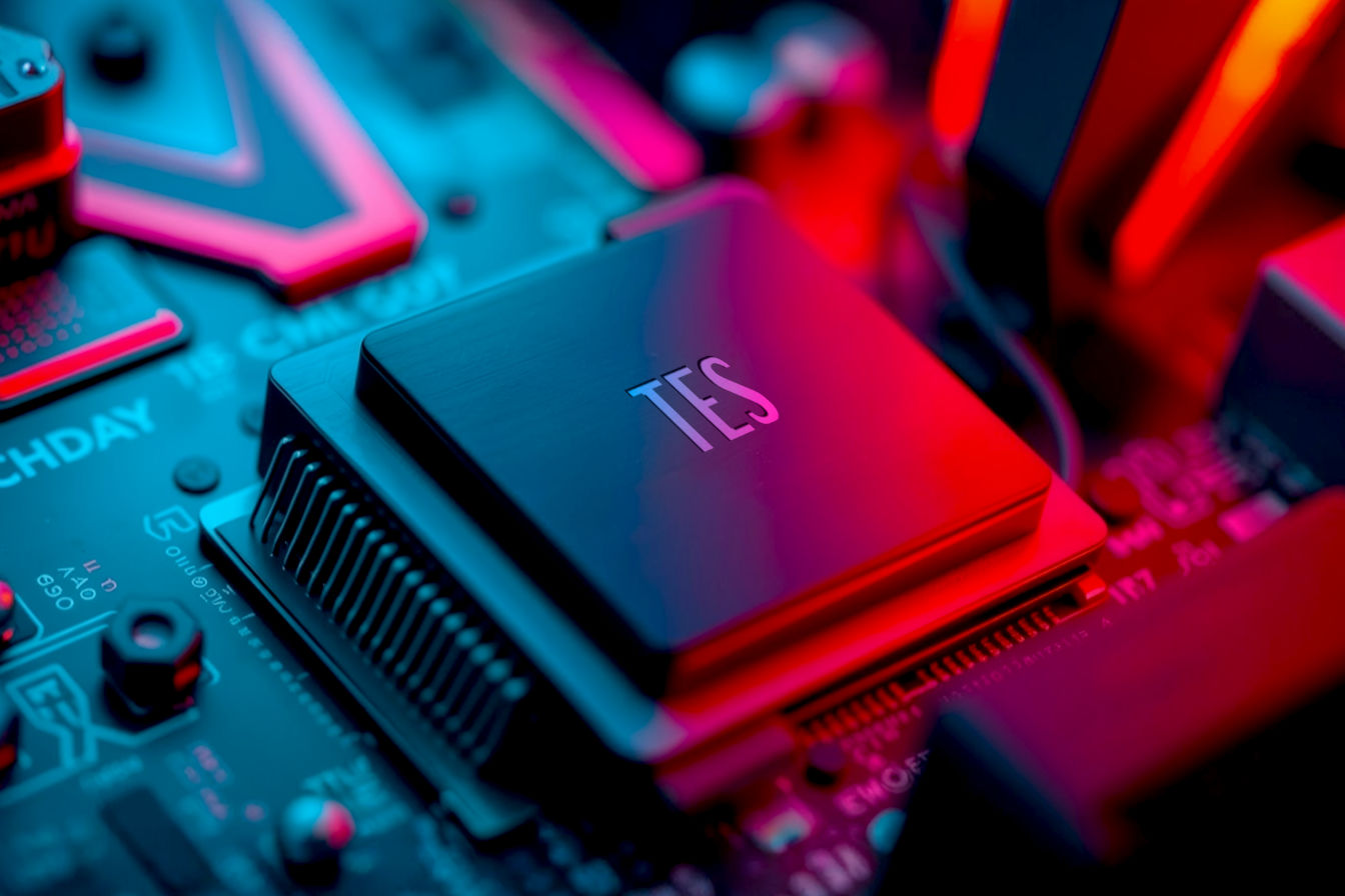 A dynamic close-up shot of a modern CPU, subtly illuminated with cool blue or red gaming-themed lighting. The CPU pins or the integrated heat spreader (IHS) are in sharp focus, with the background slightly blurred to emphasize the processor. Maybe a hint of a motherboard socket or a gaming peripheral in the distant background. Clean, techy, and high-quality.