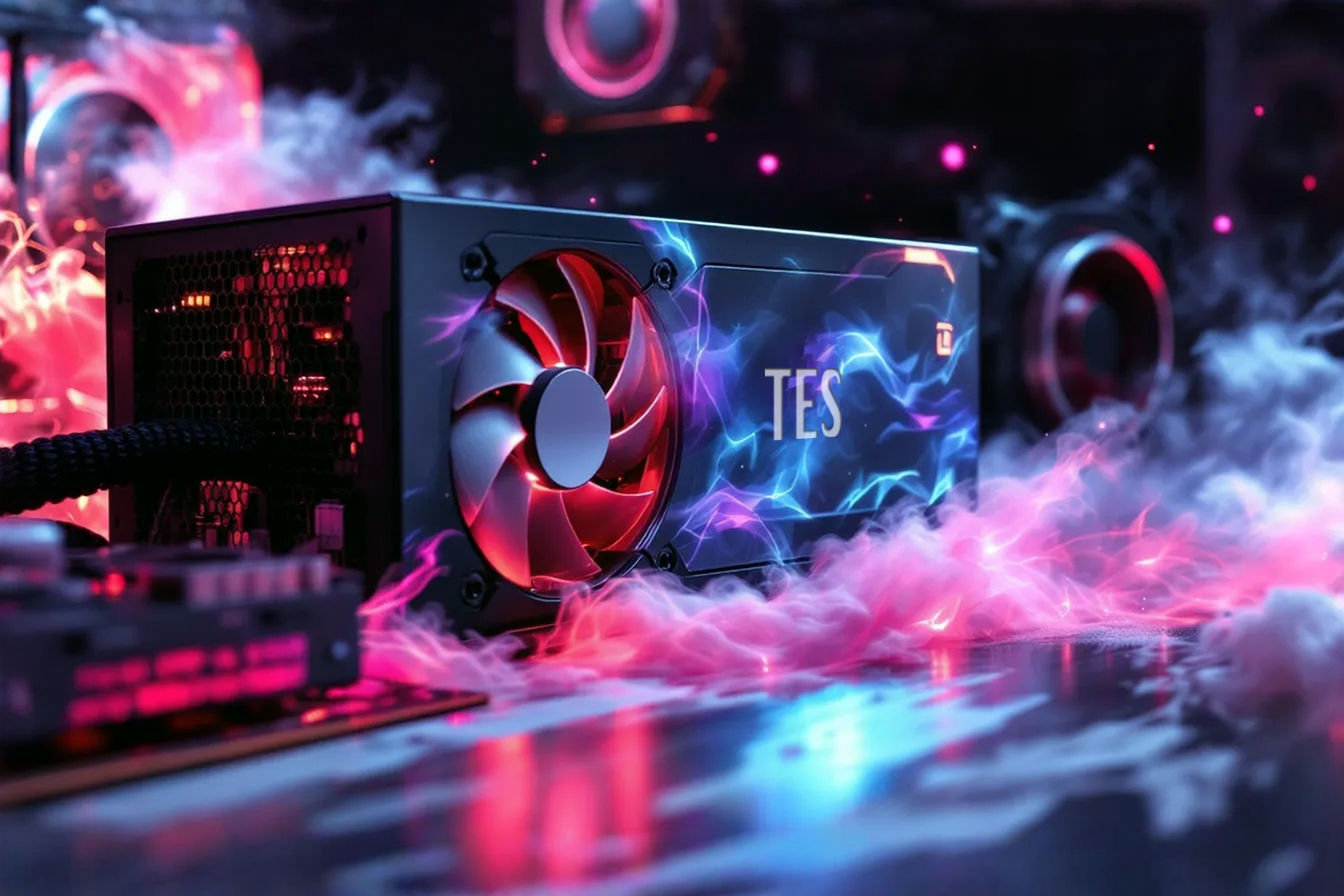 Professional studio photograph of a sleek, modern ATX gaming PC power supply unit, prominently featured. Subtle background hints of high-end gaming components like a graphics card and motherboard. Clean, dramatic lighting emphasizing the PSU's build quality and connectors. Hyper-realistic, sharp focus, tech aesthetic.