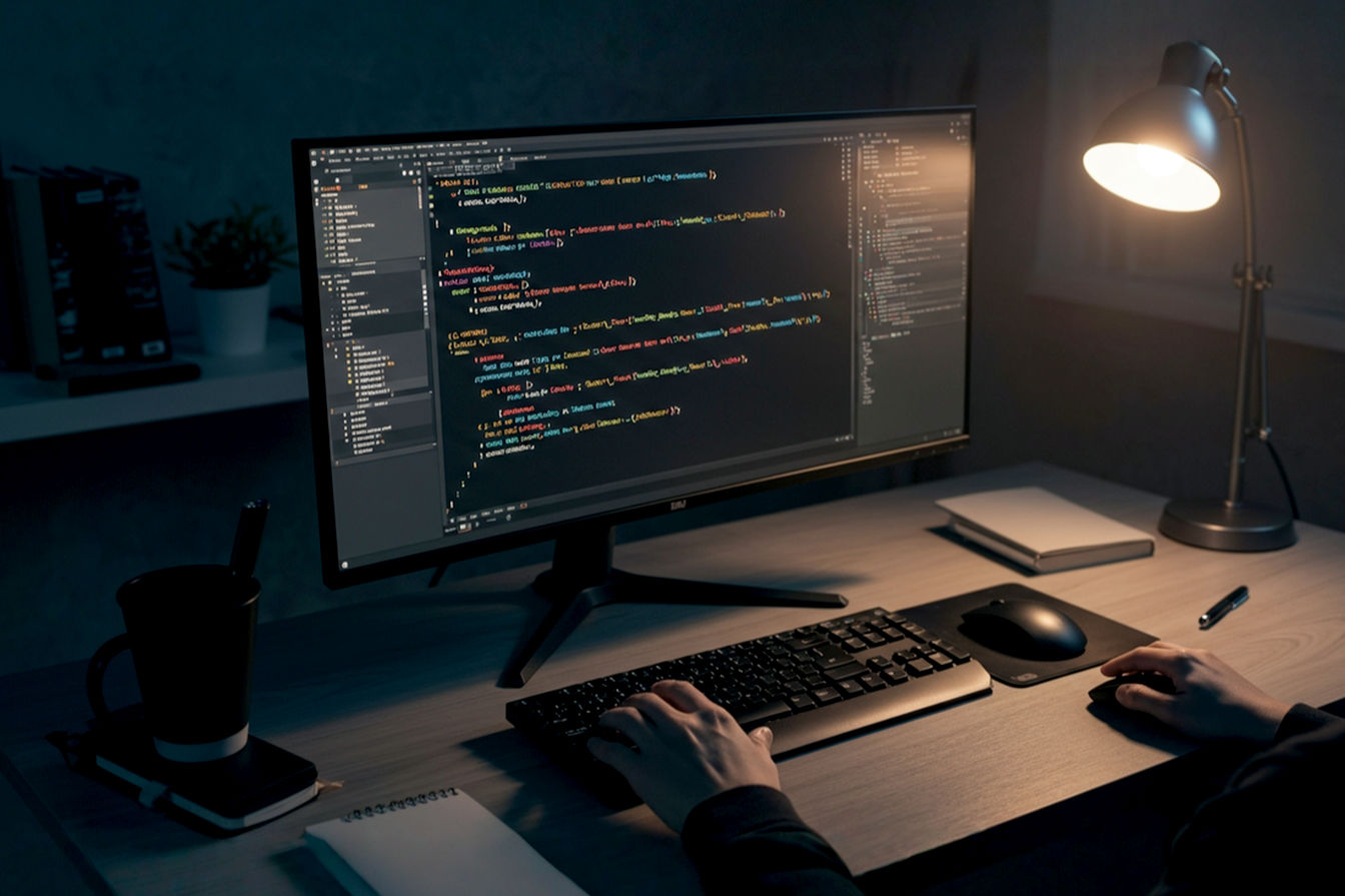 Professional overhead shot of a programmer's desk setup. A large, high-resolution monitor displays code with vibrant syntax highlighting. The monitor is on an adjustable stand, tilted slightly. A keyboard, mouse, and a neatly organized notebook are visible on the desk. Soft, balanced lighting illuminates the workspace. The image conveys productivity, comfort, and modern technology.