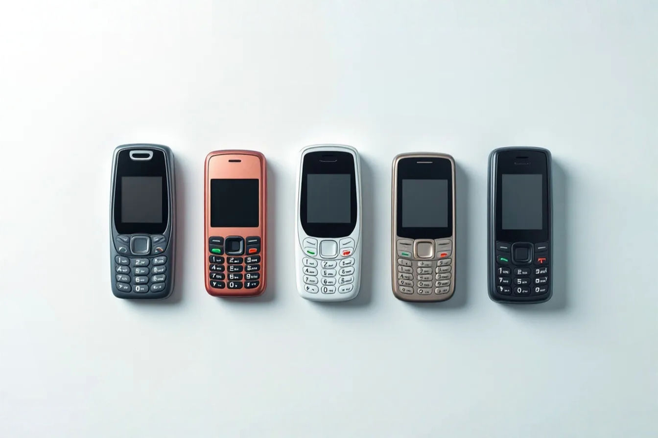 Professional studio photograph of five different older style cell phones arranged neatly on a clean, minimalist background. Soft, even lighting highlights the design details of each phone.