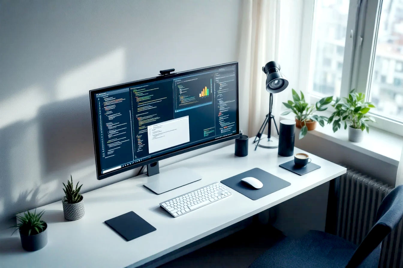 A high-angle, professional photograph showing a modern, minimalist desk setup. A large, sleek monitor (around 32 inches) displays multiple open application windows (code editor, spreadsheet, web browser) demonstrating multitasking. The desk is clean, with a modern keyboard and mouse. Soft, natural light comes from a window to the side. The overall mood is productive and organized.