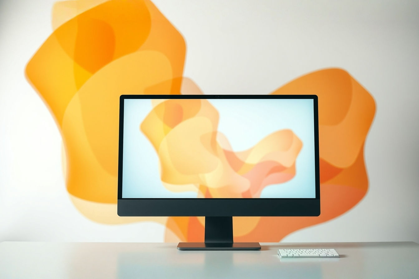 A professional photograph showing a large, modern computer monitor on a desk, with a blurred background suggesting a futuristic or expansive digital environment. The image should convey the idea of pushing boundaries in display size.