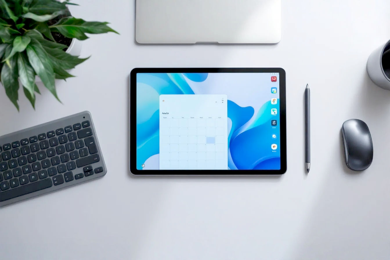 Professional overhead shot of an 11-inch Android tablet on a clean desk surface. The tablet screen shows a split view of a document and a calendar app. Beside the tablet are a slim Bluetooth keyboard, a mouse, and a stylus. The lighting is bright and even, highlighting the technology.