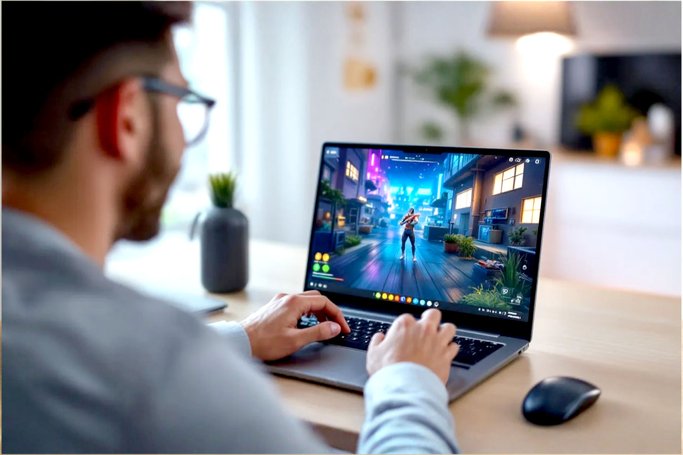 Professional, well-lit photograph showing a person smiling while playing a game on a modest-looking, non-flashy laptop placed on a desk. The laptop screen displays a colorful, but not hyper-realistic, game scene (like an indie game or esports title). The background is a clean, modern home environment, suggesting everyday use. Focus is on the laptop and the person's positive experience.