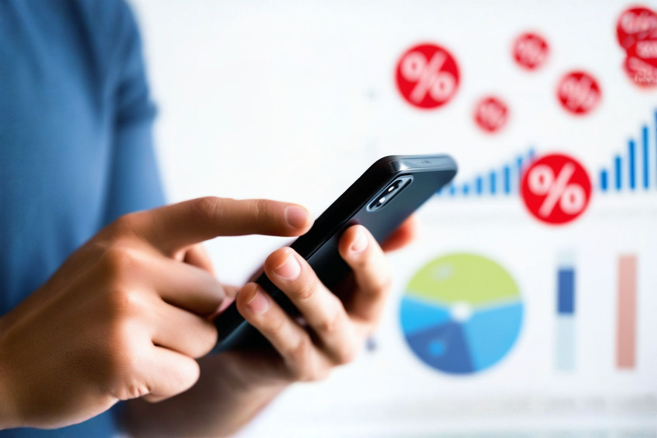 Professional photograph of a person holding a modern Android phone, with a blurred background showing price tags or a comparison chart, subtly suggesting value and smart shopping. The lighting is bright and clean, highlighting the phone.