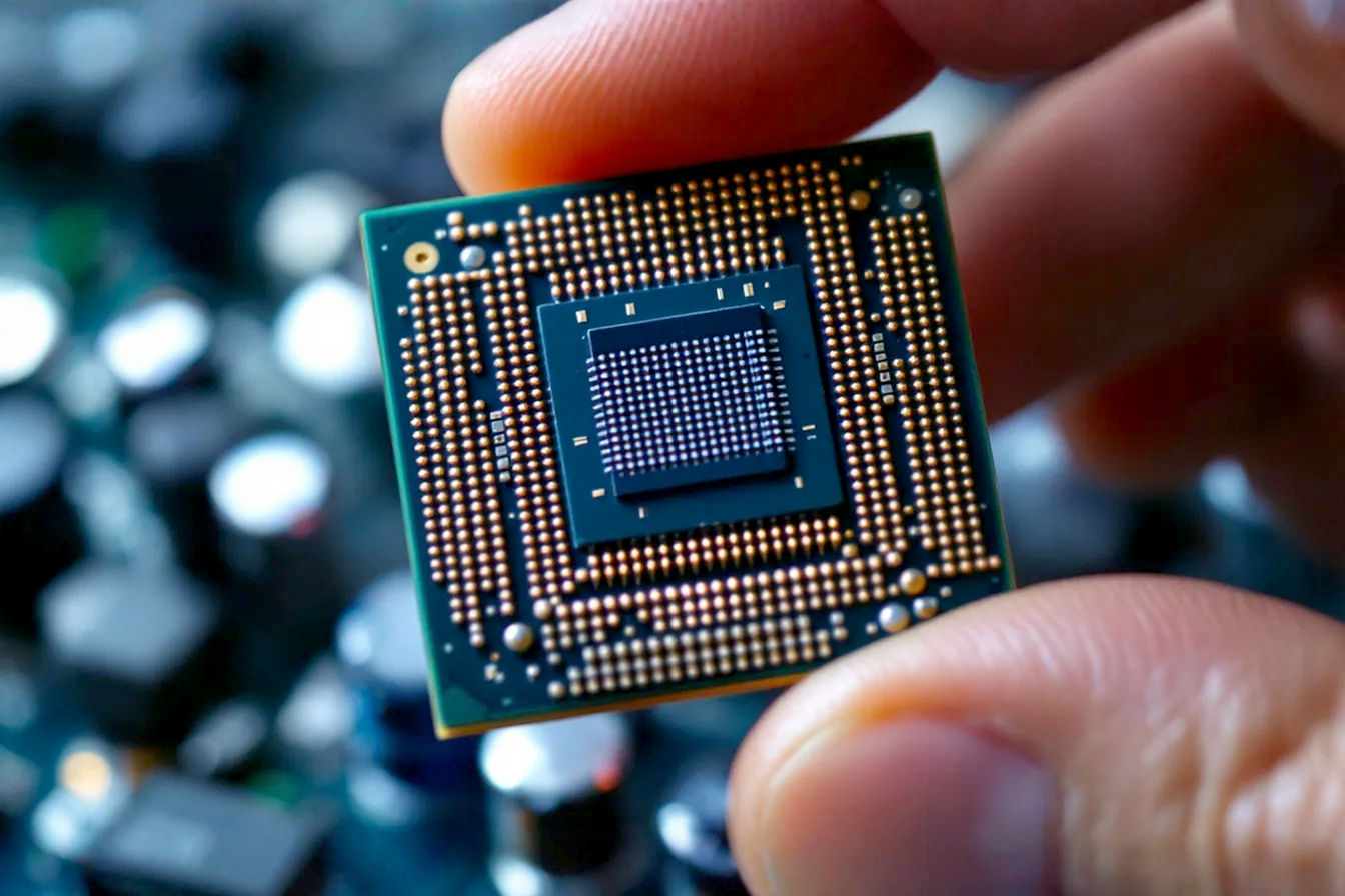 A close-up, slightly angled shot of a modern CPU held between two fingers, with the intricate gold contacts gleaming. The background is a subtly blurred motherboard, suggesting the CPU's central role. The lighting is clean and professional, highlighting the technology.