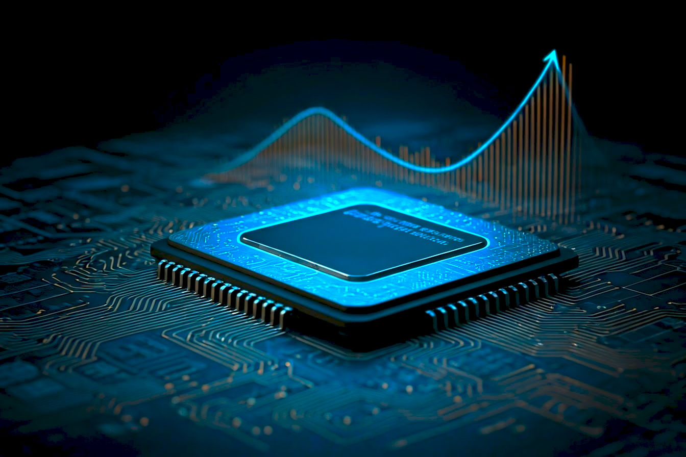 A sleek, futuristic image depicting a glowing CPU microchip with upward trending graph lines in the background, symbolizing price and performance evolution. Professional photography style, cinematic lighting, with subtle hints of manufacturing processes like light patterns from lithography. Dominant colors: cool blues, silvers, with accents of gold or orange for the trend lines.