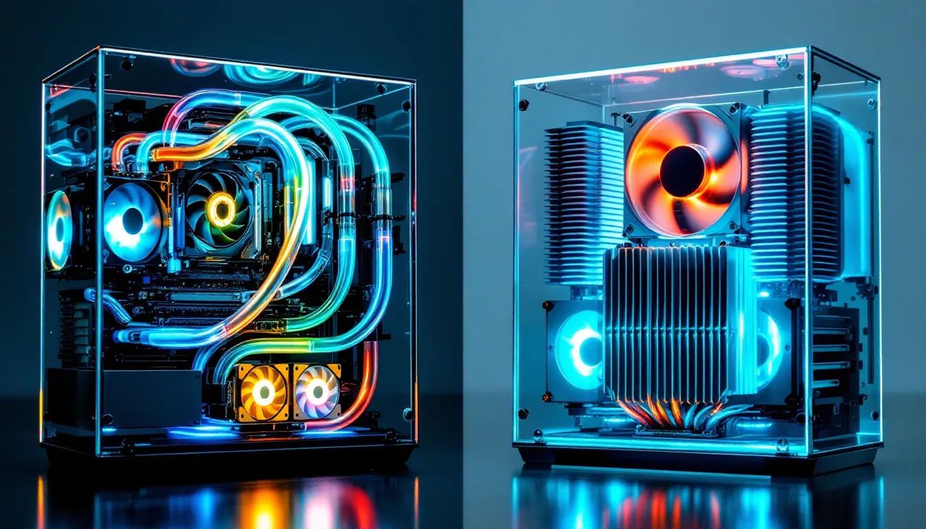 A divided image, showcasing two distinct computer builds inside clear glass cases. On the left side, focus on a liquid-cooled PC. Show sleek, shiny tubes carrying colored fluid around the CPU and possibly a graphics card, with glowing lights coming from the parts. The radiator and fans are visible but not as central as the tubing. On the right side, show an air-cooled PC. Highlight a very large, metallic heatsink with multiple rows of cooling fins and a prominent fan directly above the CPU. It looks solid and impressive, but less flashy than the liquid setup. Both sides should be brightly lit, making the details of each cooling type clear, but presented side-by-side to emphasize the contrast in appearance and technology.