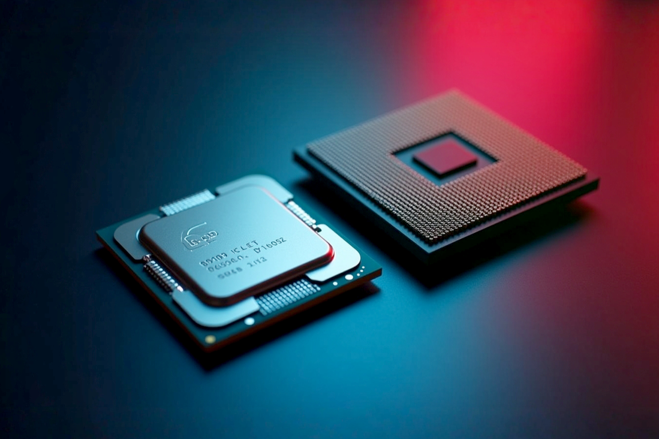 A high-angle, professional studio photograph shows two distinct computer chips side-by-side on a dark, reflective surface. One chip, representing the CPU, is square with a prominent central logo and intricate pin array visible on the underside. The other, representing the GPU, is rectangular, larger, and features a more complex, dense pattern of components on its surface, perhaps with a subtle heat sink design visible. Both chips are sharply in focus, illuminated by soft, technical-style lighting that highlights their metallic and silicon textures. The background is a clean, dark gradient, emphasizing the technology.