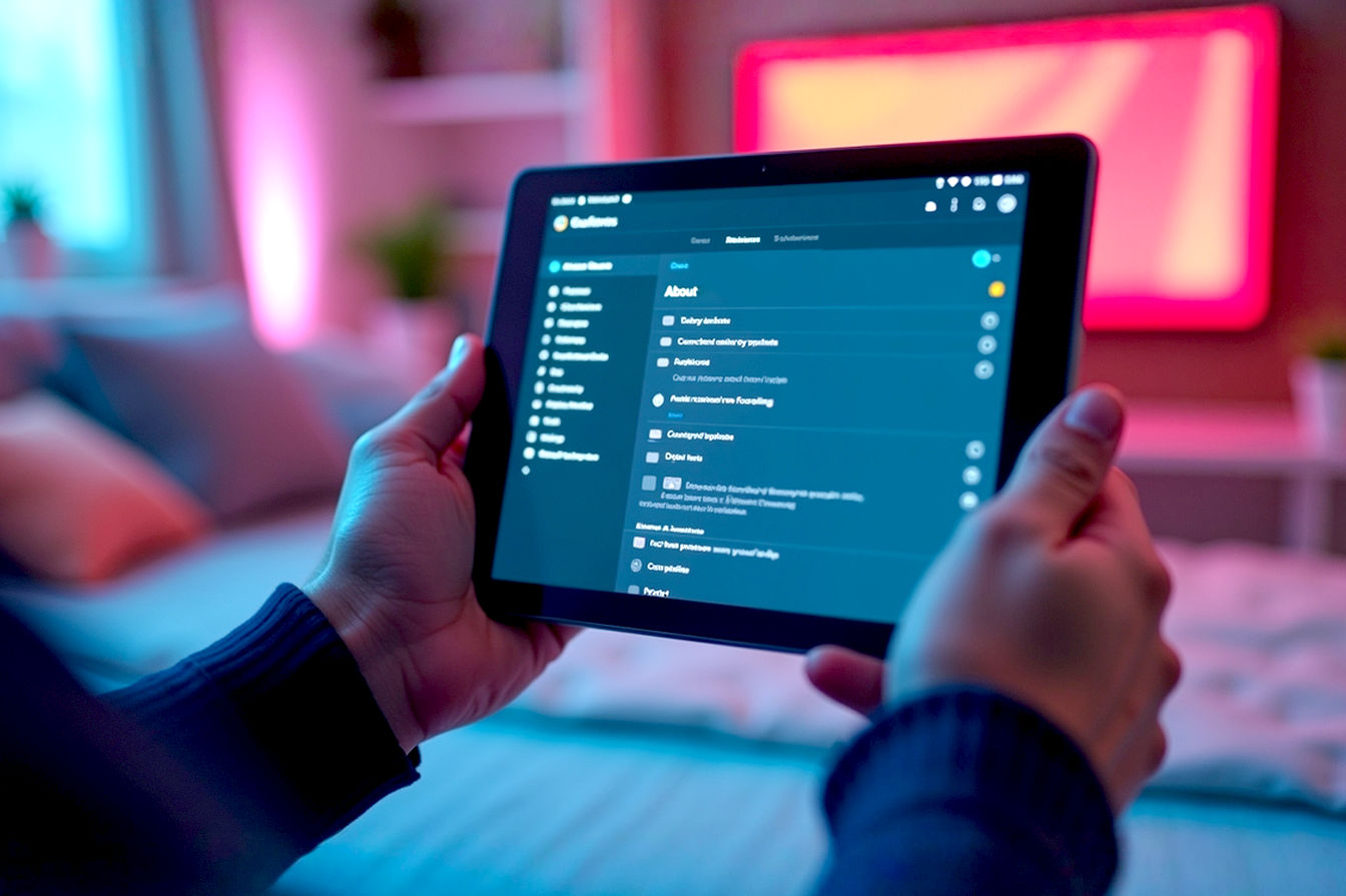 A close-up, professional photograph of hands holding a modern tablet, with the tablet screen displaying the "About tablet" section in settings, clearly showing the "Android version" information. The background is a softly blurred, comfortable home or office environment.
