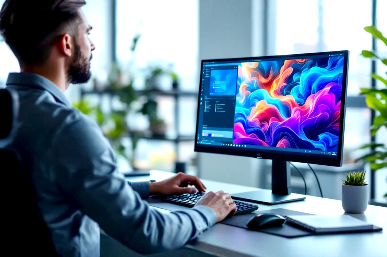 Professional, well-lit photograph showing a person sitting at a modern desk setup. The person is looking comfortably at a large, high-resolution computer monitor displaying a vibrant, detailed image (could be a workspace with multiple windows, a game scene, or creative software). The desk is tidy, showing a keyboard, mouse, and perhaps a notebook or a plant. The background is slightly blurred, focusing attention on the person and the monitor, suggesting a comfortable and productive environment. The lighting is soft, highlighting the monitor screen and the person's face.