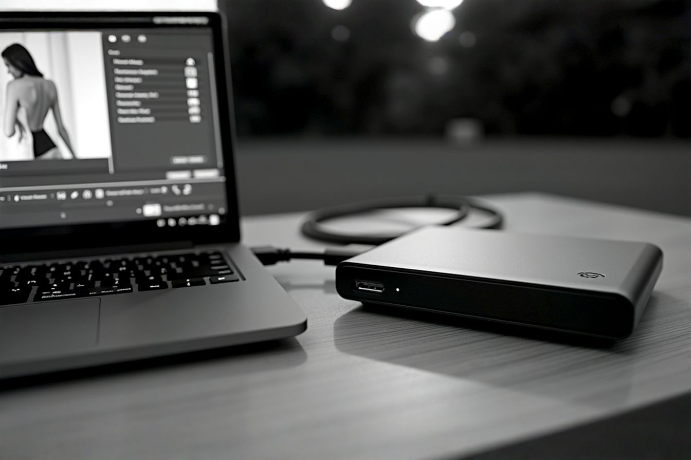 A high-quality, professional photograph showing a sleek, modern black or silver external USB DVD writer connected to a laptop via a USB cable. The laptop screen could display burning software. The background should be clean and slightly blurred, emphasizing the drive and laptop connection. Lighting should be soft, highlighting the device's design.