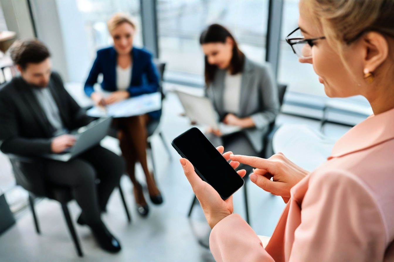 A professional photograph showing a group of business people in a modern, bright office space. One person is holding a smartphone and pointing at the screen while talking to a colleague, who is looking at a tablet. Other team members are working collaboratively nearby, some using laptops.