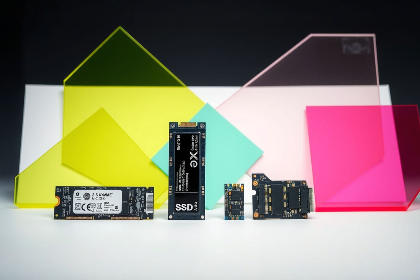 A professional, well-lit studio photograph showing a collection of different SSD form factors arranged neatly on a neutral background. Include a standard 2.5-inch SATA SSD, an M.2 NVMe SSD (highlighting its small size), and potentially an Add-in Card (AIC) SSD or a U.2 drive for variety. The focus should be on showcasing the physical differences between the types.