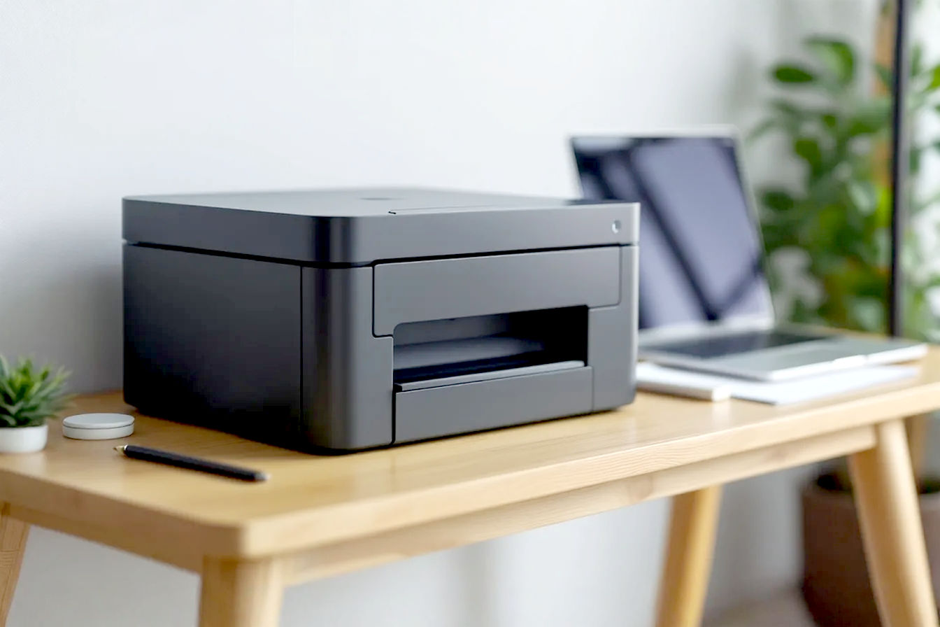 Professional, well-lit photography showing a sleek, modern compact monochrome laser printer placed neatly on a small desk in a home office environment. The desk is tidy with a laptop and a few simple office supplies. The background is slightly blurred, suggesting a comfortable, organized workspace. The printer appears proportionally small relative to the desk, emphasizing its compact size.