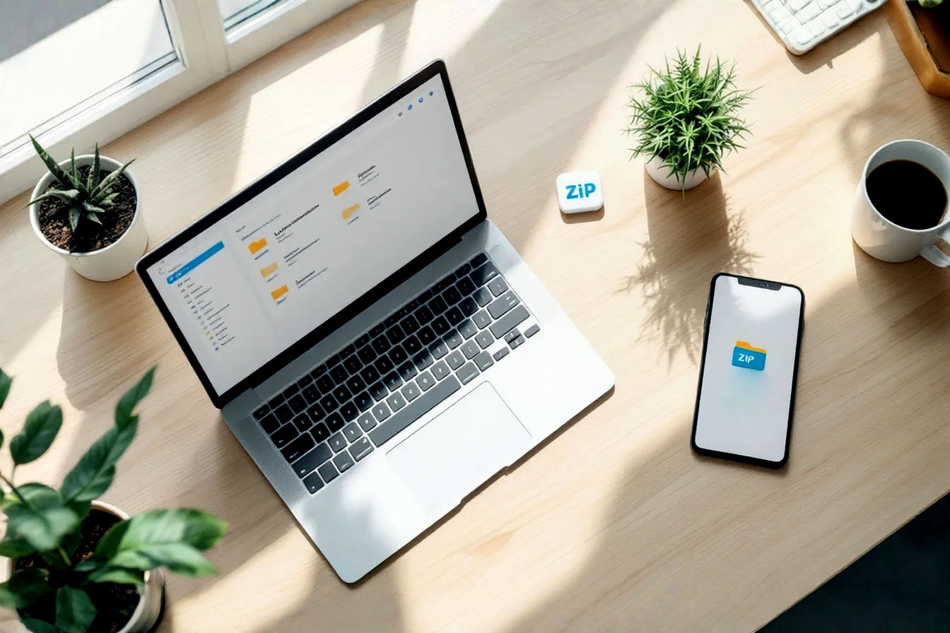 Clean, modern flat lay photo. A sleek laptop (half open, showing a generic file explorer interface with selected files), a smartphone (displaying a file manager app), and a tablet are neatly arranged on a minimalist light-colored wooden desk. Subtle, stylized 'zip' icons or a visual metaphor of a folder icon transforming into a smaller, zipped folder icon are positioned near the devices. Bright, slightly diffused natural light from a side window. Focus on ease of use, technology, and organization. Professional, slightly desaturated, and airy color palette with pops of a friendly blue or green in the UI elements.
