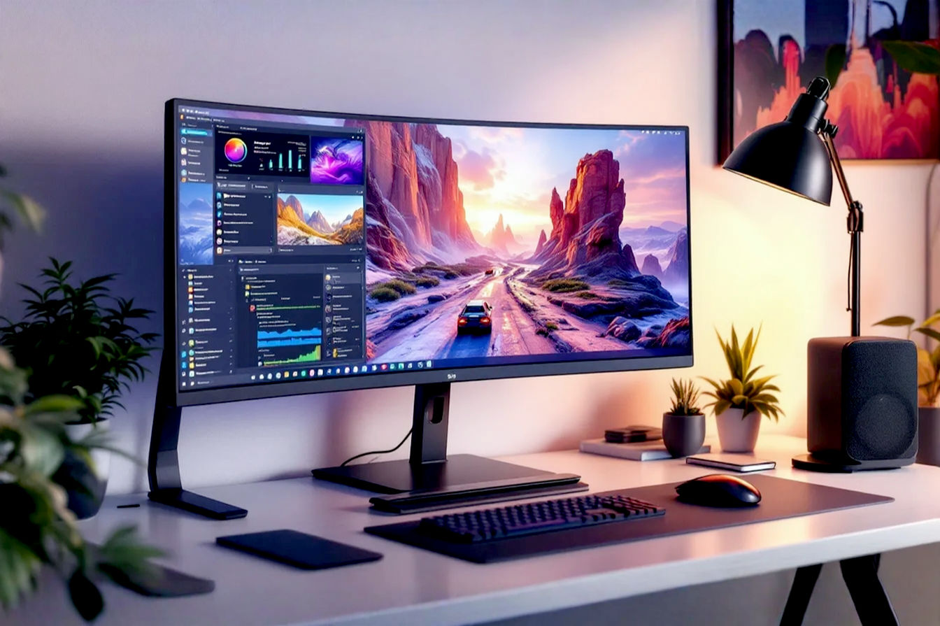 Professional photograph of a modern desk setup featuring a large, curved ultrawide computer monitor displaying vibrant content, perhaps a game or multiple productivity windows. The image should have soft, balanced lighting and a clean background, highlighting the monitor's form factor.