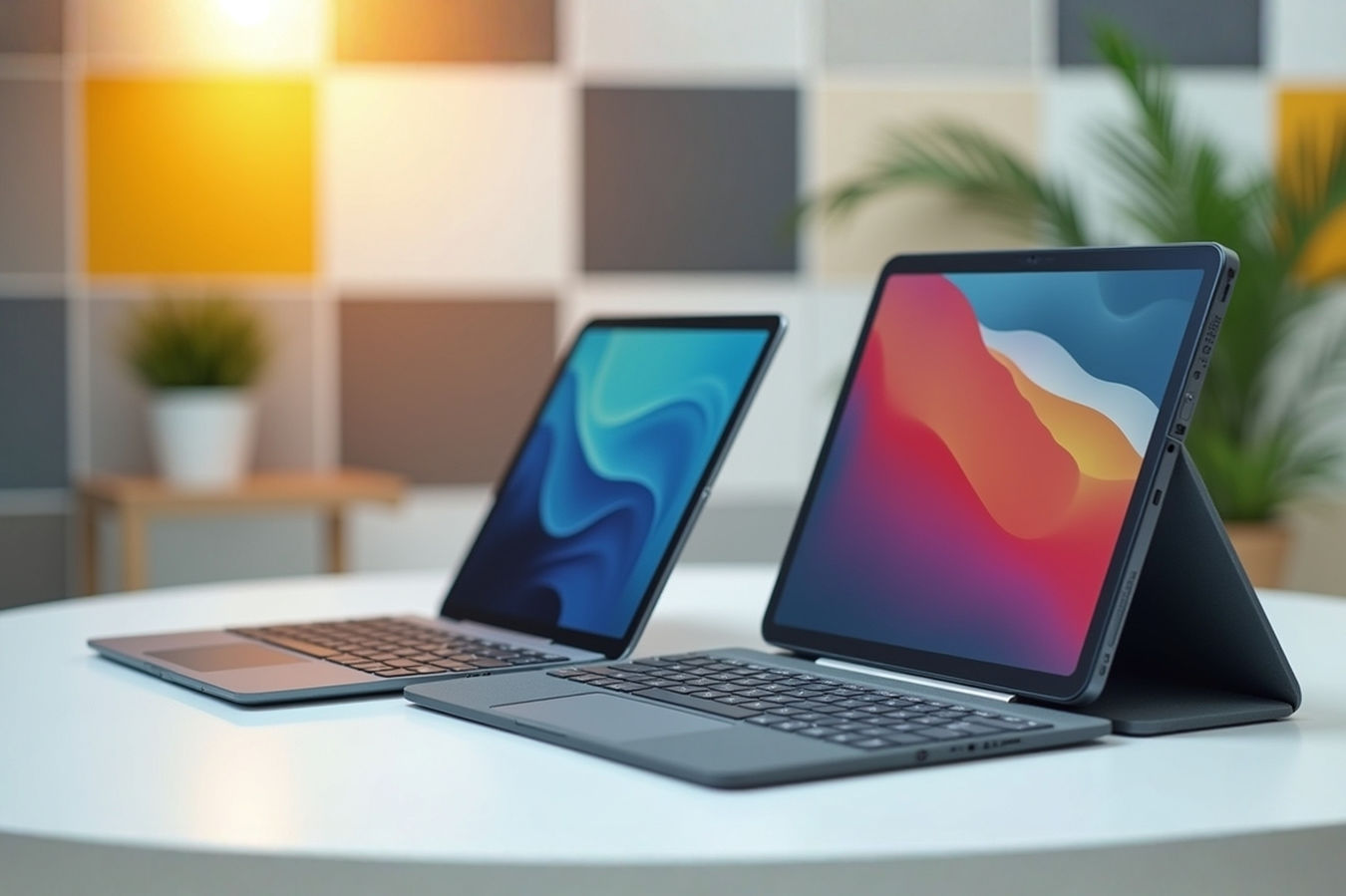 A professional photograph showing a detachable laptop (tablet with detached keyboard nearby) next to a 2-in-1 convertible laptop (folded into tent mode). The background is a clean, modern workspace, suggesting productivity and versatility. Natural light highlights the devices.