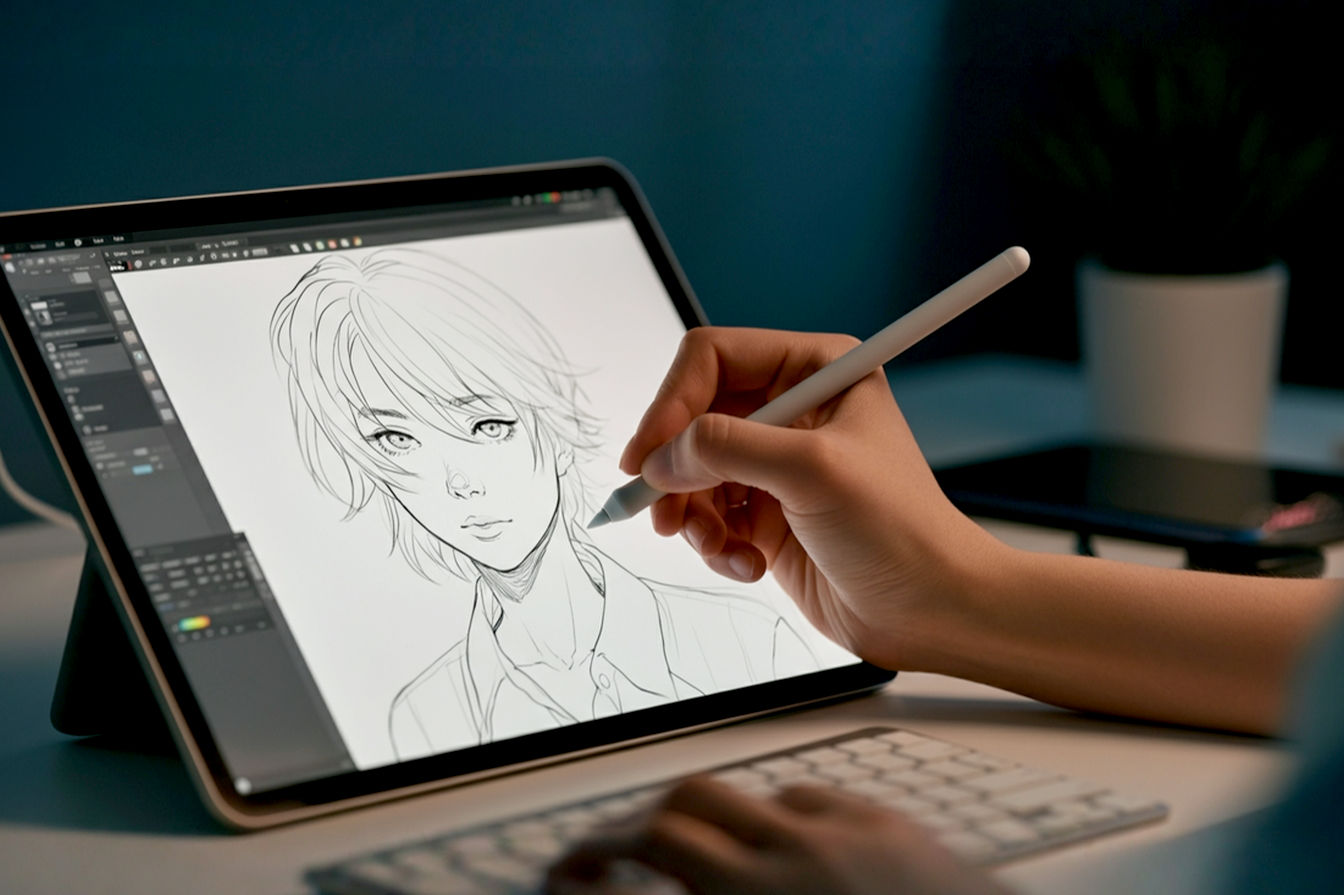 A high-quality, professional photograph showing a hand holding a digital pen, drawing on a pen display tablet connected to a desktop computer. The screen displays vibrant, clean digital line art in progress. The background is a clean, modern desk setup with soft, natural lighting.