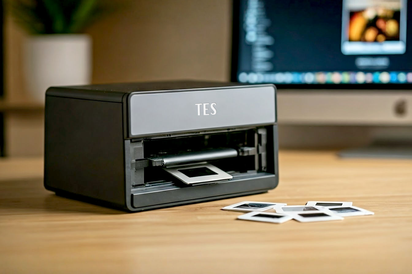 Lifelike, professional product-style photograph showing a modern, sleek dedicated 35mm slide scanner on a clean, minimalist wooden desk. Next to the scanner, a few vintage 35mm slides in cardboard mounts are neatly fanned out. One slide is partially inserted into the scanner. In the background, subtly blurred, is a warm, inviting home office environment with a hint of a computer monitor displaying a vibrant, newly digitized image from a slide. Soft, natural lighting. Focus on the scanner and slides.