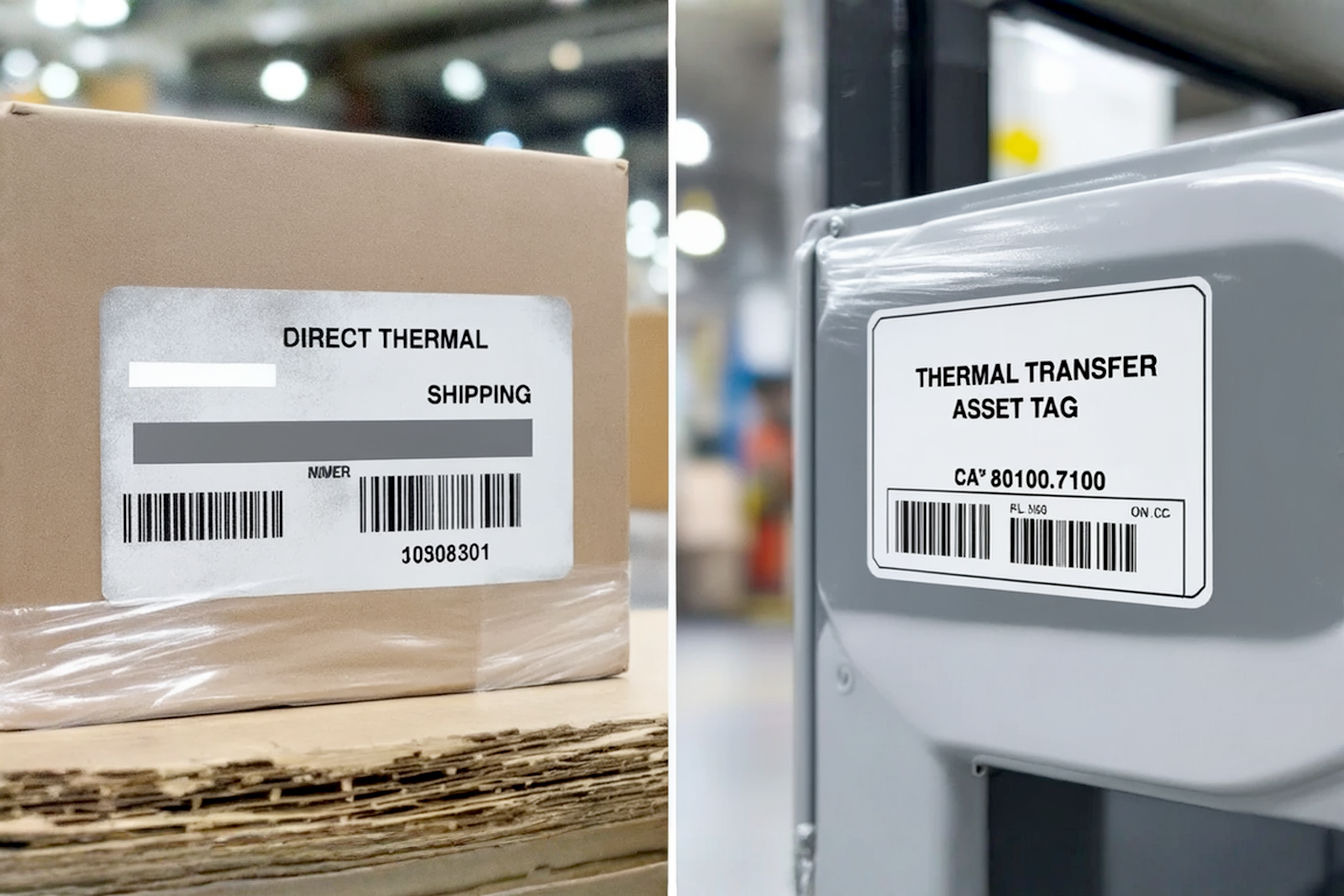 A split image showing two types of labels side-by-side. On the left, a faded direct thermal shipping label with a barcode partially obscured. On the right, a crisp, clear thermal transfer asset tag label on a piece of equipment. The background is a warehouse or industrial setting, suggesting practical application. Professional photography style, well-lit, clear focus on the labels.