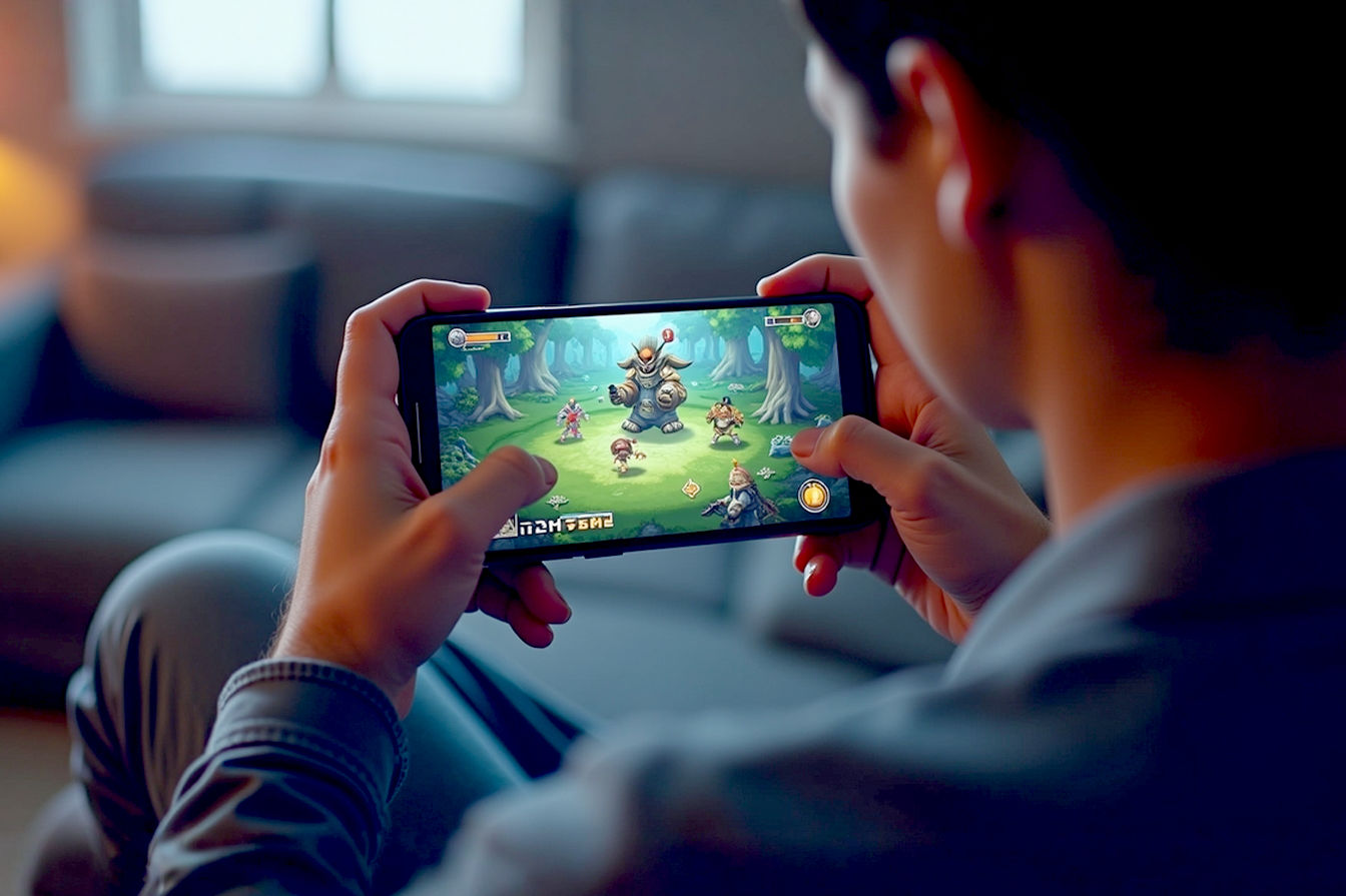 Professional, high-angle photograph showing a person's hands holding a modern smartphone horizontally, actively engaged in playing a visually dynamic 3D mobile game displayed on the screen. The background is slightly blurred, suggesting a comfortable indoor environment like a living room or gaming setup, with subtle ambient lighting highlighting the phone and hands. The image should convey focus, skill, and the immersive nature of mobile gaming.