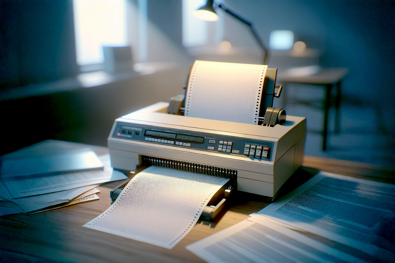 A professional, well-lit photograph showing a dot matrix continuous feed printer completing a print job using paper with perforated edges. The background is a clean, slightly blurred office environment from the 1980s.
