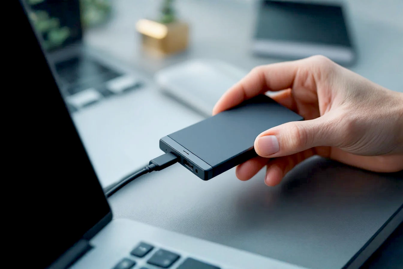 A professional photography style image showing a hand holding a sleek, modern portable SSD with a USB-C cable connected to a laptop. The background is clean and slightly blurred, perhaps a modern workspace or outdoor environment, emphasizing portability and technology. The focus is sharp on the drive and cable.