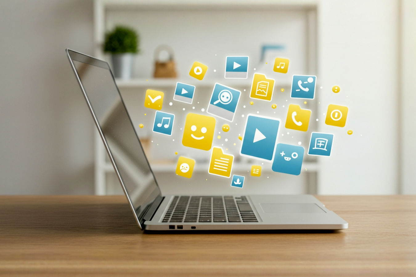 A professional, well-lit photograph showing a modern, sleek laptop slightly open on a desk, with various digital icons (representing files, photos, videos, games) floating around the screen, visually emphasizing large storage capacity. The background is a clean, minimalist home office setting.