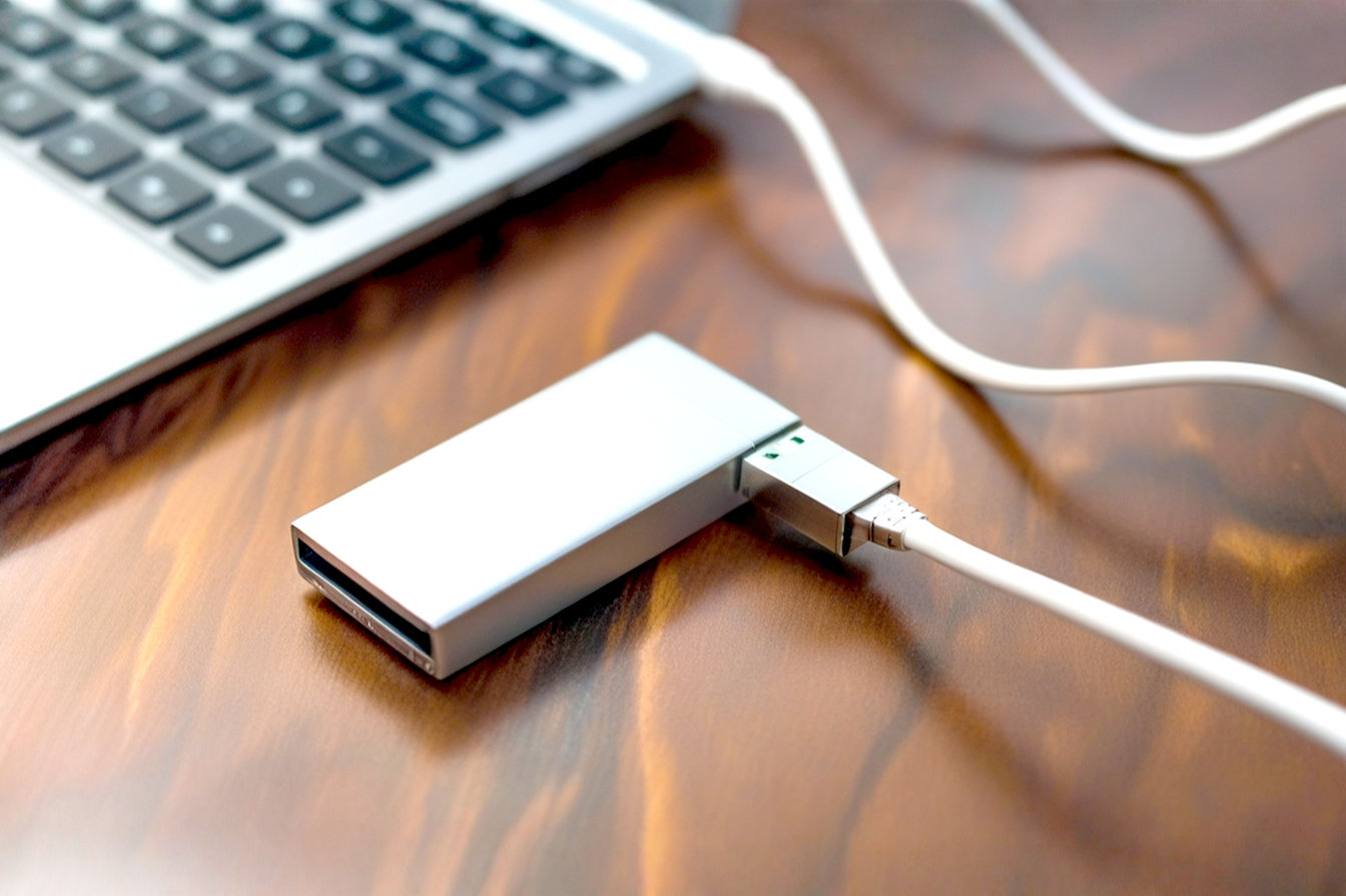 A high-angle, professional photograph showing a silver USB-C cable in a sleek, modern external SSD drive, with a laptop visible in the background, suggesting fast data transfer and connectivity. The image should have a clean, technical aesthetic with shallow depth of field focusing on the connection.